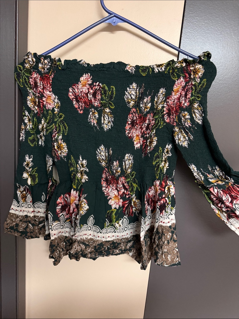 Dark Green Floral Off-Shoulder Smocked Women's Top